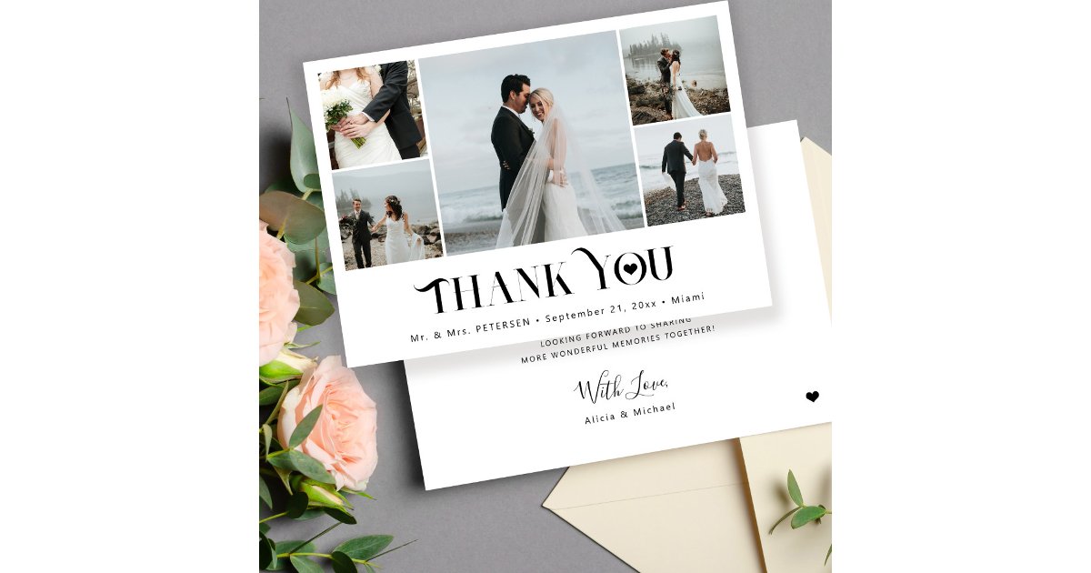 Modern minimalist multi photo collage wedding thank you card | Zazzle