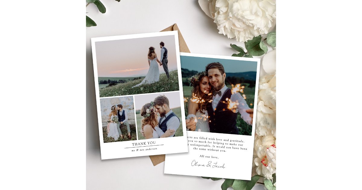 Modern Minimalist Multi Photo Wedding Thank You Card | Zazzle