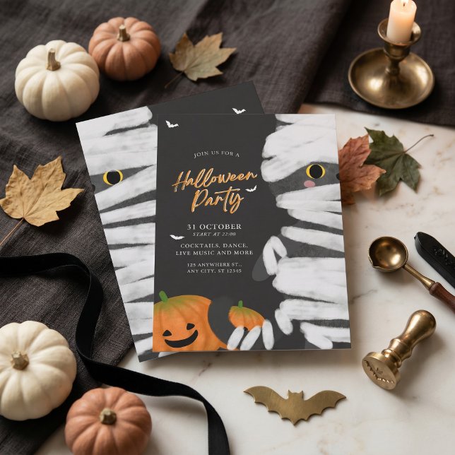 Modern Minimalist Mummy Cat Halloween Party Invitation (Modern Minimalist Mummy Cat Halloween Party Invitation)