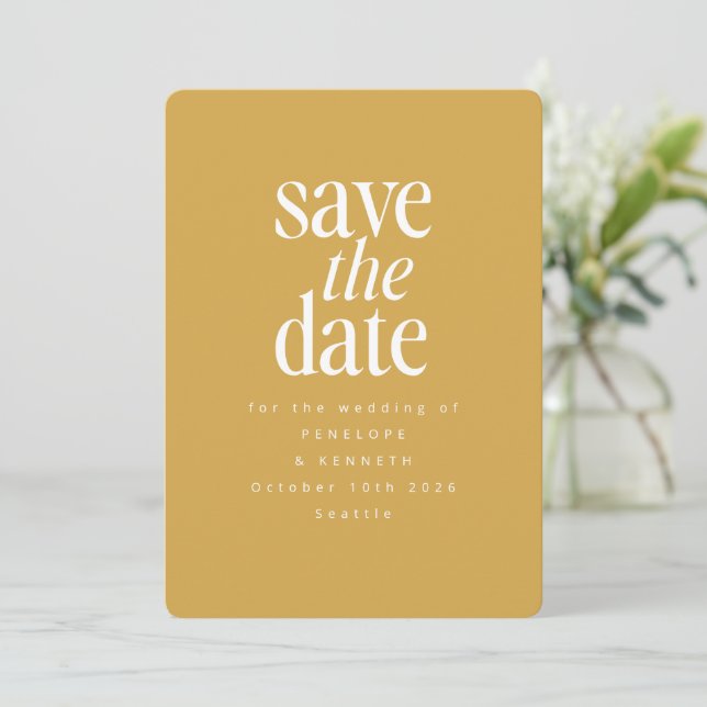 Modern Minimalist Mustard Yellow Simple Elegant Save The Date (Standing Front)