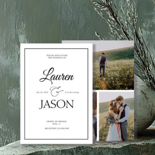 Modern Minimalist Names Calligraphy Black 3 Photo Invitation (Creator Uploaded)