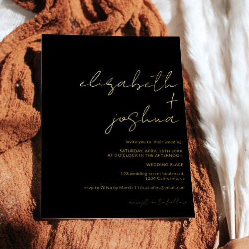 Modern minimalist names calligraphy black wedding foil invitation