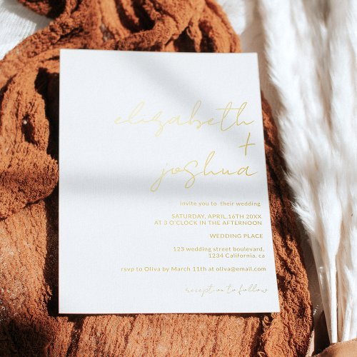 Modern minimalist names calligraphy black wedding foil invitation