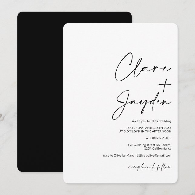 Modern minimalist names calligraphy black wedding invitation (Front/Back)