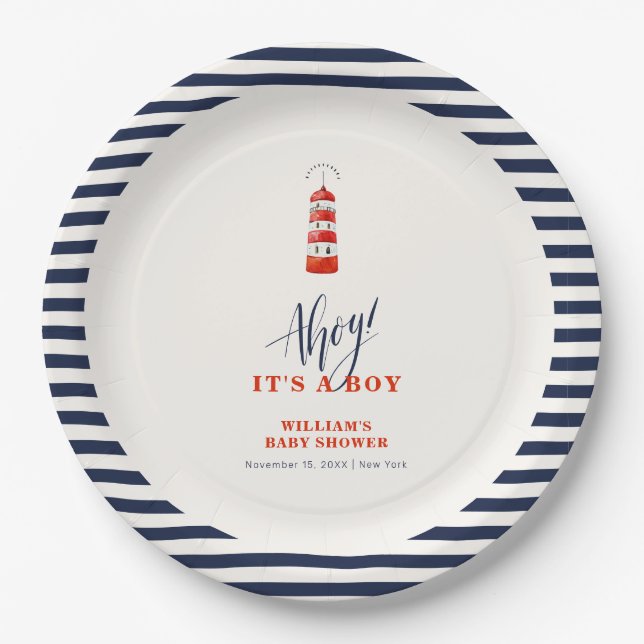 Modern Minimalist Nautical Lighthouse Baby Shower  Paper Plates (Front)