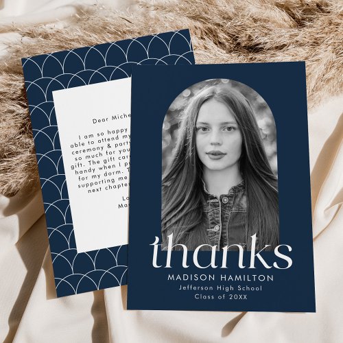 Modern Minimalist Navy Arch Photo Graduation Thank You Card