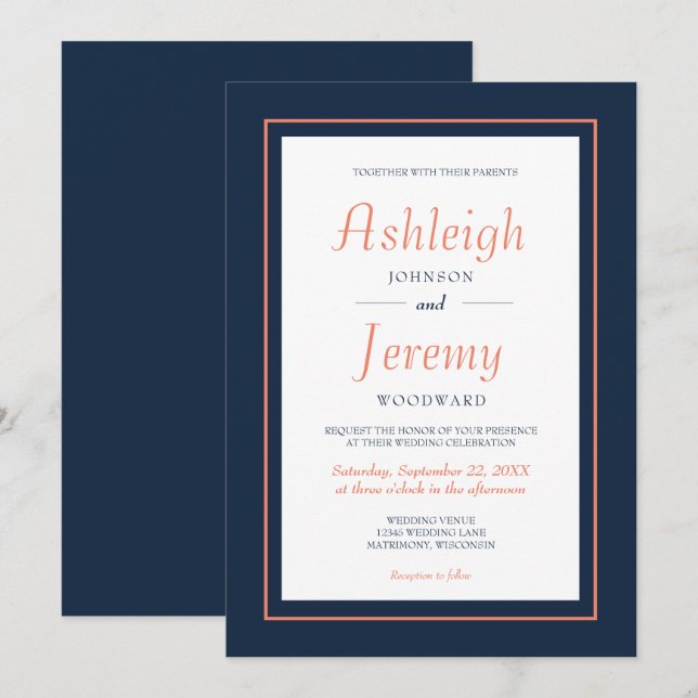 Modern Minimalist Navy Blue and Coral Wedding Invitation (Front/Back)