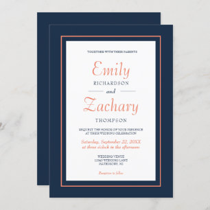 Modern Minimalist Navy Blue and Coral Wedding Invitation