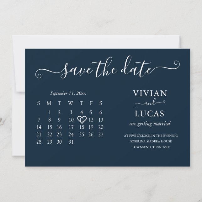 Modern Minimalist Navy Blue Calendar Budget Invitation (Front)