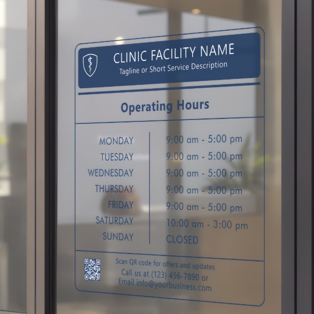 Modern Minimalist Navy Blue Clinic Operating Hours Window Cling (Creator Uploaded)