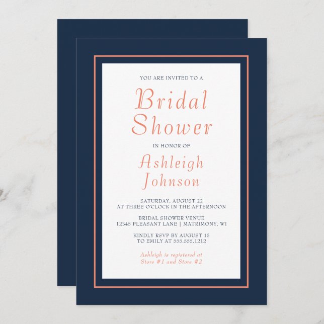 Modern Minimalist Navy Blue Coral Bridal Shower Invitation (Front/Back)