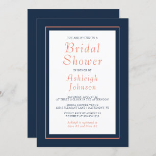Modern Minimalist Navy Blue Coral Bridal Shower Invitation