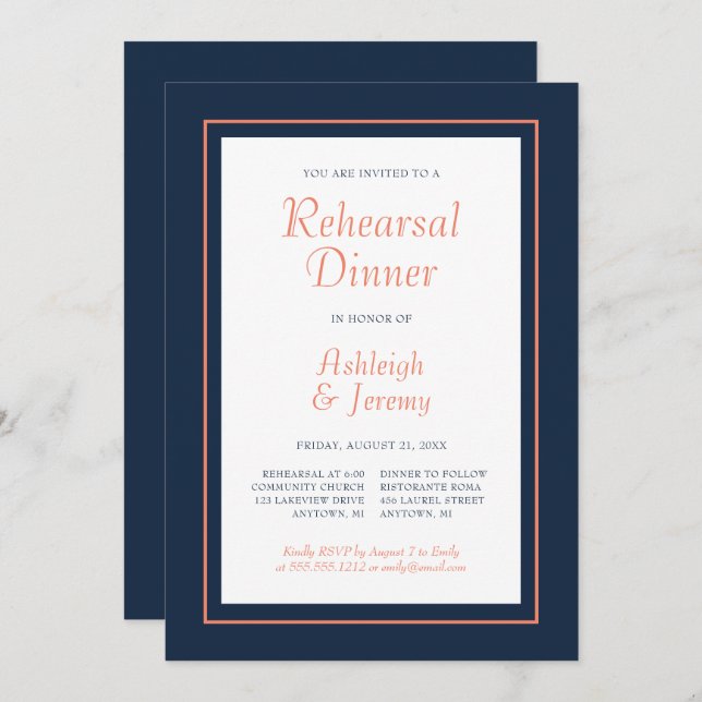 Modern Minimalist Navy Blue Coral Rehearsal Dinner Invitation (Front/Back)