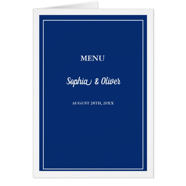 Modern Minimalist Navy Blue Folded Wedding Menu Cards (Front)