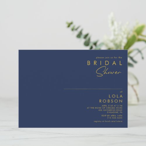 Modern Minimalist Navy Blue  Gold Bridal Shower Invitation