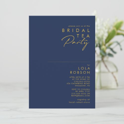 Modern Minimalist Navy Blue Gold Bridal Tea Party Invitation