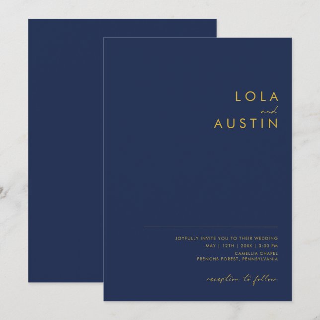 Modern Minimalist Navy Blue | Gold Casual Wedding Invitation (Front/Back)