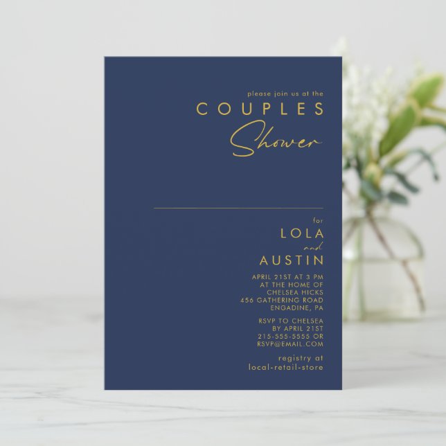 Modern Minimalist Navy Blue | Gold Couples Shower Invitation (Standing Front)