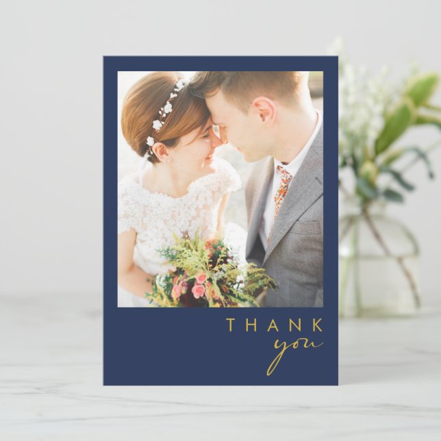 Modern Minimalist Navy Blue | Gold Flat Photo Thank You Card (Standing Front)