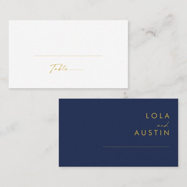 Modern Minimalist Navy Blue | Gold Flat Wedding Place Card (Front/Back)