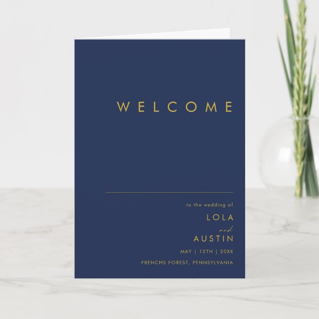 Modern Minimalist Navy Blue | Gold Folded Wedding Program (Front)