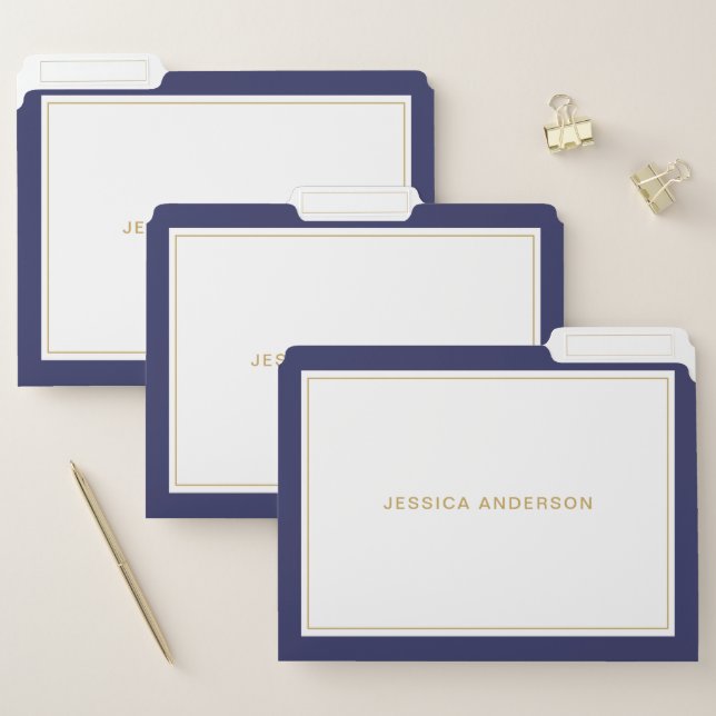 Modern Minimalist Navy Blue Gold Name File Folder (Set)