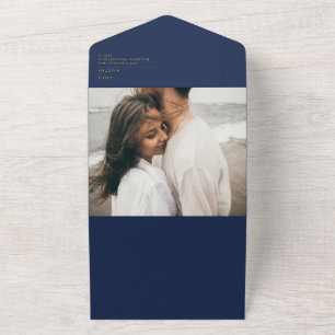 Modern Minimalist Navy Blue Gold Photo All In One Invitation