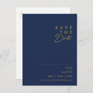 Modern Minimalist Navy Blue Gold Save The Date Invitation Postcard