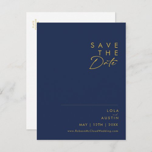 Modern Minimalist Navy Blue  Gold Save The Date Invitation Postcard