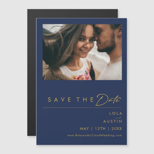 Modern Minimalist Navy Blue  Gold Save The Date Magnetic Invitation