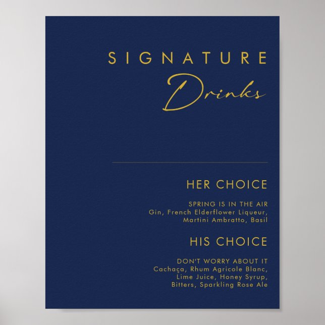 Modern Minimalist Navy Blue Gold Signature Drinks Poster (Front)