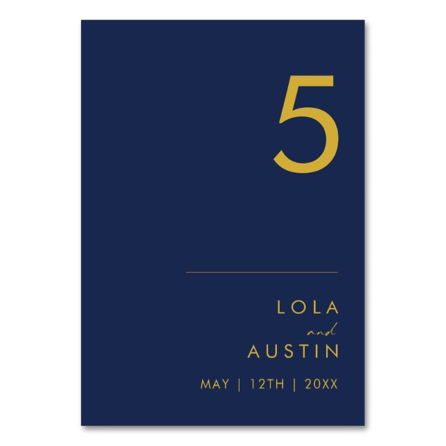 Modern Minimalist Navy Blue | Gold Table Number (Front)
