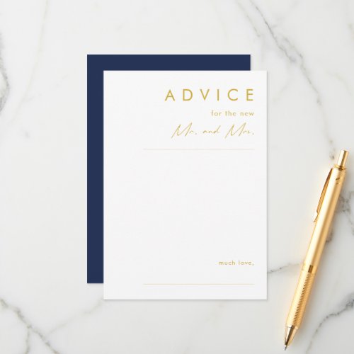 Modern Minimalist Navy Blue  Gold Wedding Advice Card