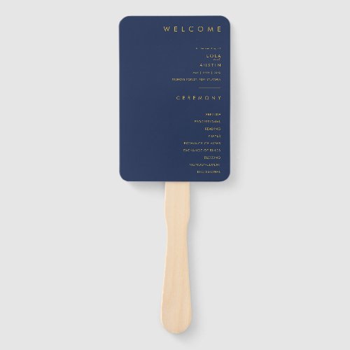 Modern Minimalist Navy Blue | Gold Wedding Program Hand Fan