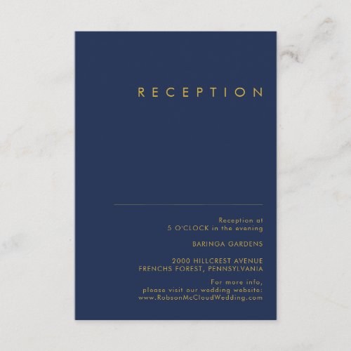 Modern Minimalist Navy Blue Gold Wedding Reception Enclosure Card
