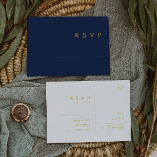 Modern Minimalist Navy Blue Gold Wedding RSVP Postcard