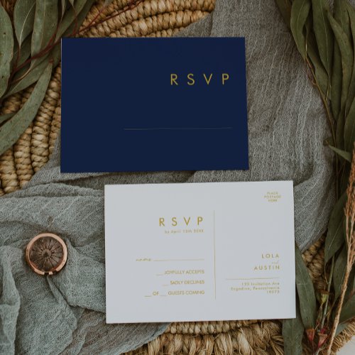 Modern Minimalist Navy Blue  Gold Wedding RSVP Postcard