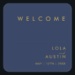 Modern Minimalist Navy Blue | Gold Wedding Welcome Square Sticker<br><div class="desc">This modern minimalist navy blue | gold wedding welcome square sticker is perfect for your classy boho wedding. Its simple, unique abstract design accompanied by a contemporary minimal script and a dark navy blue color palette gives this product a feel of elegant formal luxury while staying simplistic, chic bohemian. Keep...</div>