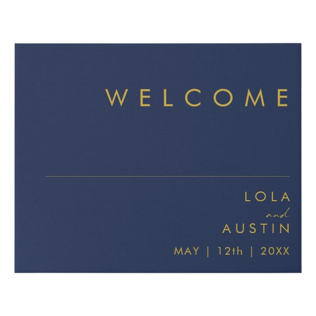 Modern Minimalist Navy Blue | Gold Welcome Faux Canvas Print (Front)