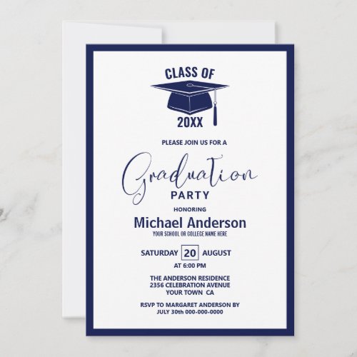 Modern Minimalist Navy Blue Graduation Party Invitation