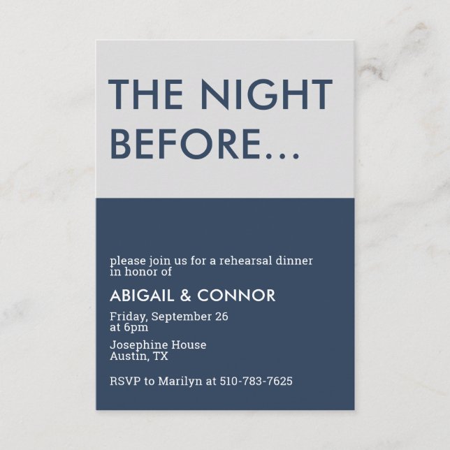 Modern Minimalist Navy Blue Gray Rehearsal Dinner Enclosure Card (Front)