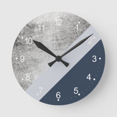 Modern minimalist navy blue gray silver foil block round clock