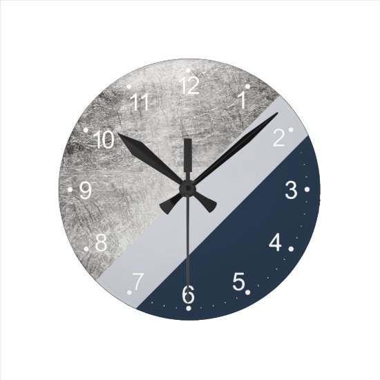 Modern minimalist navy blue grey silver foil block round clock