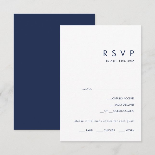 Modern Minimalist Navy Blue Menu Choice RSVP Card (Front/Back)
