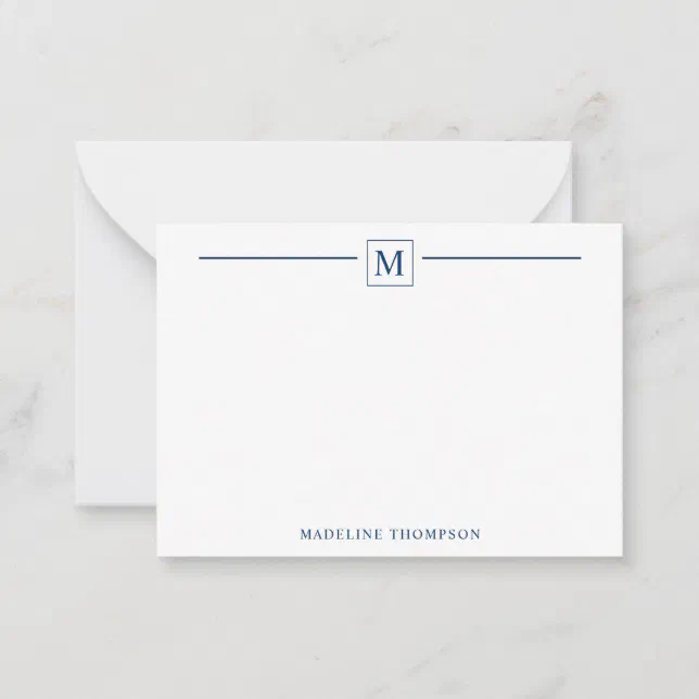 Modern Minimalist Navy Blue Monogram Line Square Note Card | Zazzle