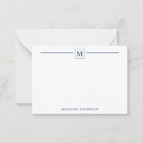 Modern Minimalist Navy Blue Monogram Line Square Note Card