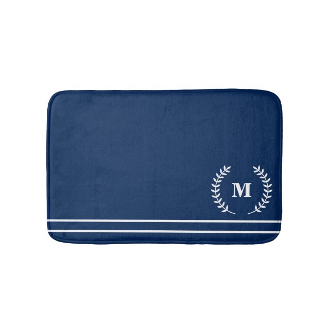 Modern Minimalist Navy Blue Monogrammed Name Bath Mat (Front)