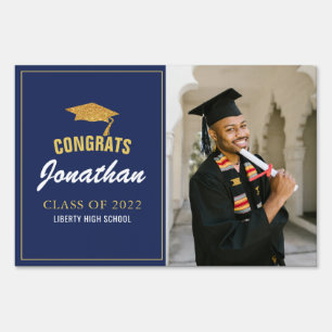 Modern Minimalist Navy Blue Photo Graduation Sign