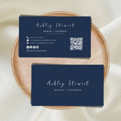 Modern Minimalist Navy Blue Professional Qr Code Business Card