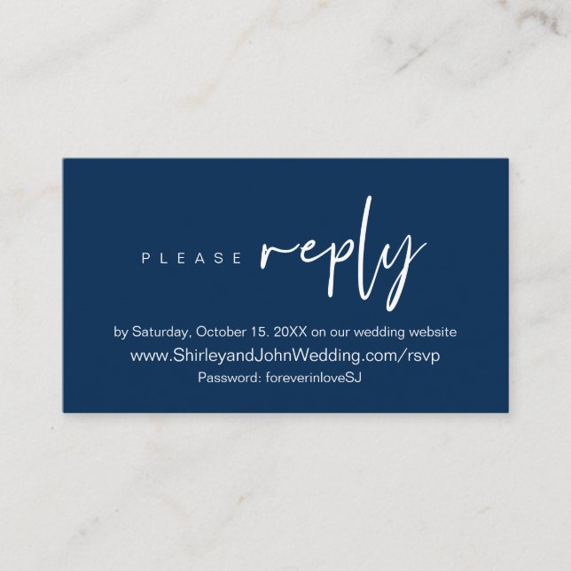 Modern Minimalist, Navy blue Script, Online RSVP   Enclosure Card (Front)